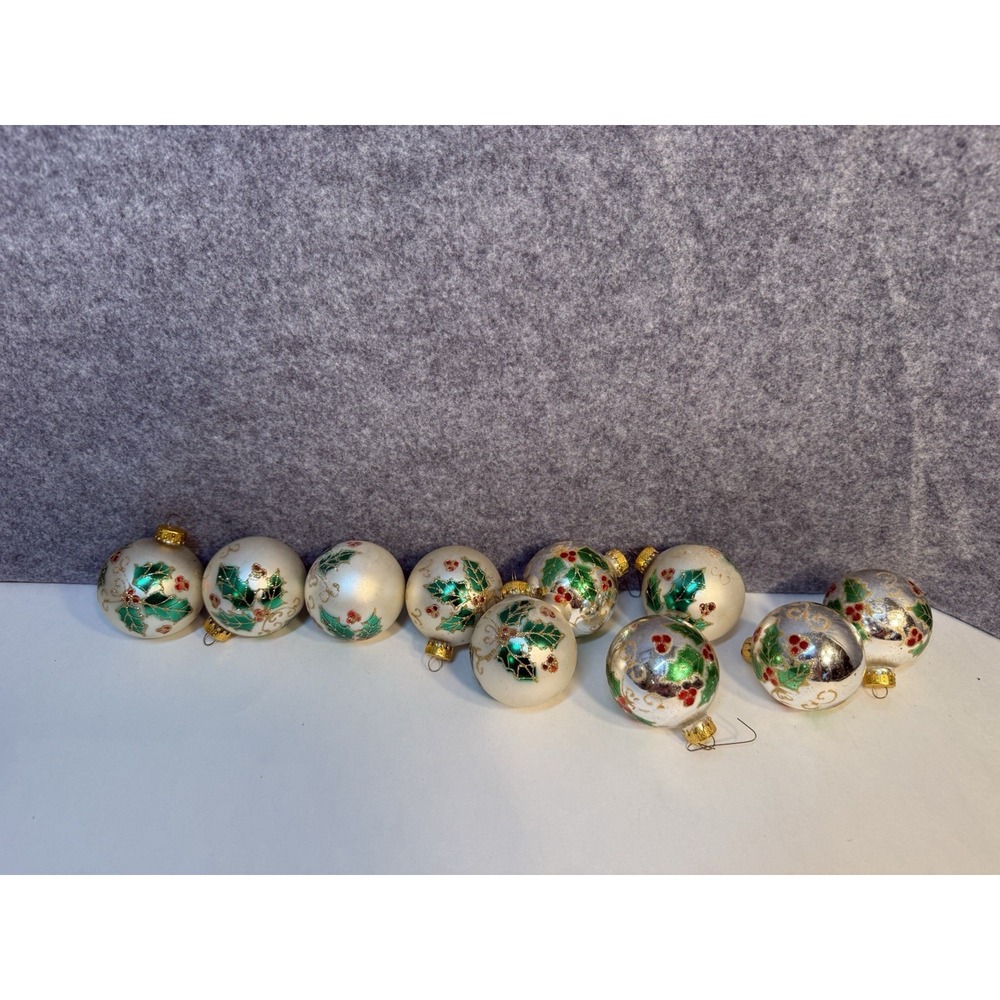 10 Vintage Christmas Ornaments White And Silver With Holly Design Gold Accents
